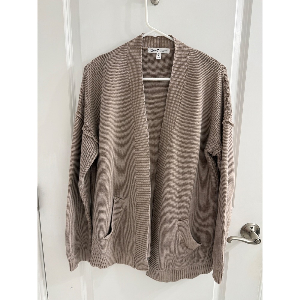 Seven7 Women Taupe Brown Open Front Cotton Knit Cardigan Sweater Size M NWT